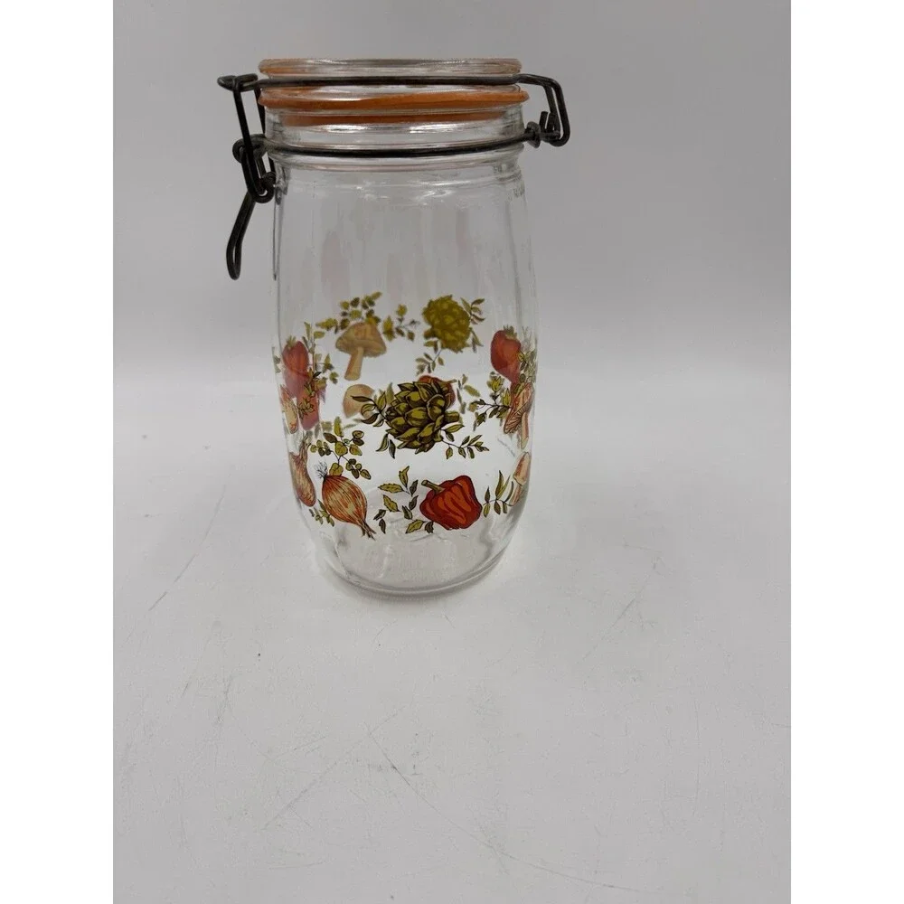 Vintage 1.5L Hinged Lid Glass Jar Made in France Mushrooms, Peppers. Tomatoes